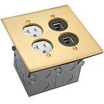 ENERLITES Screw Cap Cover Floor Box kit, 5” x 5” 2-Gang, 20A Tamper-Weather Resistant Receptacle Outlet, Watertight Gasket, Corrosive Resistant Hardware, 975510-C-D, Brass, w/Data Port