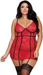 Dreamgirl Women's Plus Size Stretch Lace Underwire Garter Slip with G-String Lingerie Set, Ruby, 3X