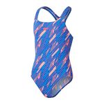 Speedo Junior Girl's Hyperboom Allover Medalist One Piece Swimsuit | Chlorine Resistant | Quick Drying | Stretch Fabric | Comfort Fit | 1 Piece, Siren Red/True Cobalt/Picton Blue, 11-12 Years