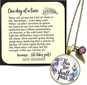 This Too Shall Pass Necklace Inspirational Jewelry For Women Chain 24" - Floral Watercolor Purple Blue Motivation Mantra Pendant, Bronze Leaf Charm, Encouragement Gift for Friend Message Card & Box
