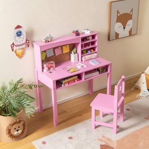 HONEY JOY Kids Table and Chair Set, Students Study Desk w/Chair, Hutch, Cork Bulletin Board, Bookshelf & Drawers, Wooden Children School Writing Desk and Chair with Solid Wood Legs for 3+ Kids, Pink