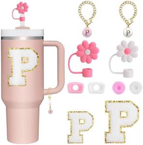 BABORUI 10Pcs Cup Accessories for Stanley Cup 40oz&30oz, Personalized Decoration with Straw Cover Cap, Spill Stopper, Embroidered Letter Sticker and Letter Charms, Initial Name ID for Stanley (P)