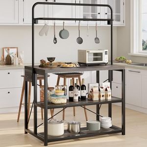 iabifo Kitchen Island with Storage, 3-Tier Bakers Rack with Power Outlet, Microwave Stand with 8 Hooks, 1.2" Thickened Tabletop, Large Coffee Bar Table, Grey, 47"x28"x71"