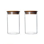 2 Piece Clear Glass Canister Food Storage Jar With Airtight Wood Lids Air Tight Storage Containers for Coffee Bean Loose Leaf Tea Containers Sugar Cookies Dry Fruit Nuts Candy Jars size 350ML/11.7oz