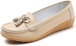 Shoes Loafers for Women Classic Leather Loafers Casual Slip-On Boat Shoes ComfortWalking Moccasins Soft Sole Shoes, A-beige, 7.5