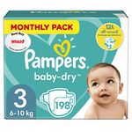 Pampers Baby Nappies Size 3 (6-10 kg / 13-22 lbs), Baby-Dry, 198 Count, Monthly Savings Pack, Air Channels for Breathable Dryness Overnight