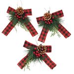 Buffalo Plaid Bow Ornament with Red Berries and Natural Pinecones for Christmas Decorating - Set of 3 - Christmas Wreath Tree Swag Garland or Centerpiece - Xmas Crafting Accessories