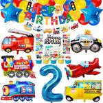 Transportation 2nd Birthday Decorations Boy - Transport Vehicle Themed Party Set Includes Banner Cake Topper Stickers Latex Train Plane Fire Truck Balloons for 2 Year Old Boys Cars Party Supplies