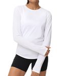 THE GYM PEOPLE Women's Long Sleeve Workout Shirts Athletic Crewneck Hiking Tops with Thumb Hole White