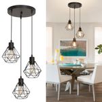 DLLT Vintage Pendant Light, Black Kitchen Pendant Lighting Over Island, Adjustable Hanging Pendant Lights Fixture with 3-Light Cage Shade for Kitchen/Dining Room/Hallway/Bedroom, E26 Base