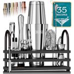 BARE BARREL® Cocktail Making Kit | 14-Piece Bartender Kit Cocktail Shaker Set Maker | Display Stand & 35 Recipe Cards | Mixology Cocktail Gift Set (800ml/28oz Boston Shaker, Silver/Black)