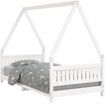 'vidaXL Kids Bed Frame- Solid Wood Pine Construction, White, House Shape Design, Sturdy Slats for Support, Low to Ground – 90x190 cm Size