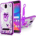 B-wishy for Blu View 2 Case for Women, Glitter Crystal Butterfly Heart Floral Slim TPU Luxury Bling Cute Protective Cover with Kickstand+Strap for Blu View 2 B130DL (Purple)