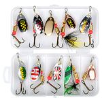 10PcsFishing Spinners and Lures, Spinnerbaits in Zinc Alloy, Fishing Lures Spoon, Sequins Fishing Tackle with Storage Box for Pike Trout Bass Salmon- 2 with Feathers