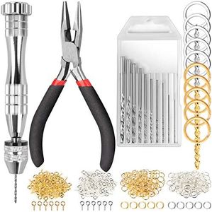 LEOBRO 222 PCS Pin Vise Kit for Resin Molds, Steel Hand Drill with Drill Bits & Grip Nose Pliers & Keychain Supplies Jump Rings, Hand Drill for Silicone Mold DIY Resin Jewelry Keychains Pendant Making