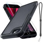 RMOCR Case for iPhone 8/7/SE 2022 2020, with Screen Protector,Military Grade Heavy Duty Shockproof Phone Cover with Wrist Lanyard Strap for iPhone 8/7/SE 2nd 3rd 4.7 inch,Black Matte