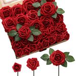 DerBlue 60pcs Three Different Sizes Artificial Foam Roses with Stems and 10pcs Leaves for DIY Wedding Bouquets Corsages Baby Shower Cake Flower Decorations (Dark Red)