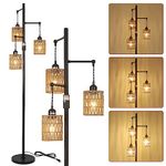 Rayofly Dimmable Rattan Floor Lamp, 3-Lights Boho Floor Lamp with Stepless Dimmer, Industrial Floor Lamps for Living Room, Tall Tree Floor Lamp with Rattan Shades, Farmhouse Standing Lamp for Bedroom