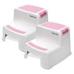 Two Step Stool for Kids- 2 Pack, Pink - Child, Toddler Safety Steps for Bathroom, Kitchen and Toilet Potty Training - Non Slip Feet, Textured Friction Grip, Carrying Handle, Stackable