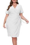 VERWIN Plus Size V Neck Dress Belted Short Sleeve Ruffle Dress Glitter Ruched Bodycon Dress Sparkly Party Evening Cocktail Midi Dress XXXL White