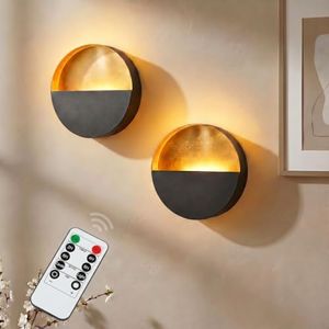 6.5-inch Eclipse Wall Sconces Wireless Battery Operated Candle Holders with LED Tea Lights, Set of 2, for Living Room, Bedroom, Bathroom, Dining Room & Hallway (Dark Bronze + Gold Leaf Interior)