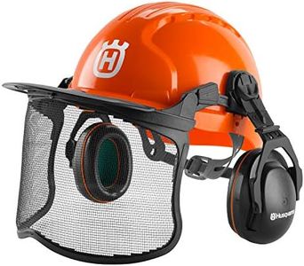 Husqvarna 592752602 Chainsaw Helmet with Metal Mesh Face Shield, Adjustable Ear Muffs for Hearing Protection, and Sun Peak, HDPE Forestry Helmet Shell, Orange