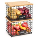 2 Pack XXL Stackable Wire Baskets with Bamboo Top for Pantry Organizers and Storage, Kitchen Organization Counter Basket for Fruit, Vegetable, Produce, Bread, Potato and Onion Storage Bins