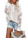 Dokotoo Womens Juniors Crewneck Fall Sweaters Long Sleeve Solid Hollow Out Fashion Casual Loose Plain Flowy Chunky Pointelle Knit Pullover Sweaters Jumper Outerwear White XL