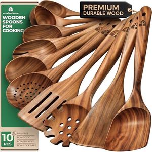 Wooden Spoons for Cooking – 10 Pc Teak Wood Utensil Set, Durable, Nonstick Safe & Heat Resistant with Ergonomic Handles - Unique Kitchen Gifts for Women Men, Cooking Gifts for Men Women
