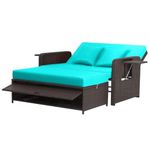 DORTALA Patio Wicker Daybed Set, Outdoor PE Rattan Loveseat Sofa with Ottoman, Adjustable Backrest, Retractable Side Trays, Sun Lounger for Backyard, Poolside, Garden, Turquoise