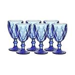 Whole HOUSEWARES | Goblet Glass Drinkware Set | Vintage Drinking Cups | 9.5oz Water Goblets Glasses | Set of 6 Colored Glassware for Kitchen | for Wedding or Parties | Cobalt Blue Diamond Pattern