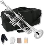 WUQIMUSC Bb Trumpet for Beginners - Student B-Flat Trumpet Set with 7C Mouthpiece, Hard Case, Gloves, Cleaning Cloth - Perfect Starter Brass Instrument (Silver)