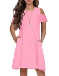 Arshiner Dress for Girls Short Sleeve Cold Shoulder Loose Casual Midi Dress with Pockets Pink 9-10 Years