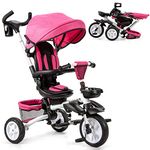 Baby Joy Baby Tricycle, 7-in-1 Kids Folding Steer Stroller w/Rotatable Seat, Adjustable Canopy, Safety Harness, Cup Holder, Push Handle, Storage Bag, Toddler Tricycle Trike for 1-5 Year Old (Pink)
