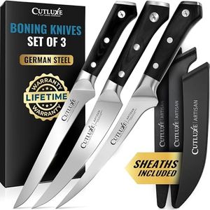 Cutluxe 3-Piece Boning Knife Set – 6" Razor-Sharp Straight, Curved & Flexible Blades, Fillet knife for Fish & Meat Cutting – High Carbon German Steel – Full-Tang Ergonomic Handles – Artisan Series