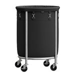 SONGMICS Laundry Basket on Wheels, Laundry Trolley 110L, Round Laundry Hamper with Steel Frame and Removable Bag, 4 Castors and 2 Brakes, Black and Silver RLS002B01