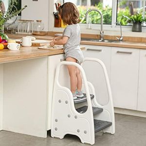 3 Step Stool with Handle for Toddler and Kids,Standing Tower for Bathroom Sink, Potty Training, Children Step Up Learning Helper with Handles and Safety Non-Slip Pads(Gray)