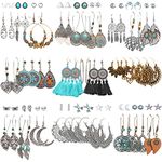 45 Pairs Fashion Hollow Drop Dangle Earrings Set for Women, Bohemian National Style Eardrop with Bronze Waterdrop Leaf Feather Shaped Vintage Jewelry for Gifts