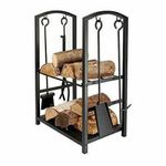 HomeZone FIREPLACE LOG RACK WITH TONGS, Poker, Broom & Shovel - 73cm. Large Steel 2-Tier Firewood Storage Holder Fireside Companion Set - Indoor/Outdoor Heavy Duty Black Vertical Wood Stand