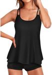 Yonique Womens Two Piece Swimsuits Tankini Top with Boy Shorts Tummy Control Bathing Suits Athletic Swimwear, Black, Large