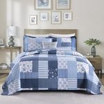 PERHOM Queen Size Quilt - 100% Cotton Quilt Set Blue White Patchwork Plaid Queen Quilt Bedding Set Farmhouse Lightweight Vintage Floral Quilts for Queen 3 Piece Bedspread All Season