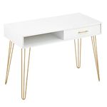 mDesign Metal/Wood Modern Computer Desk - Minimalist Desk and Computer Table with Drawer - Simple Desk with Storage Cubby and Hairpin Legs - Small Work Desk for Home Office, Study - White/Soft Brass