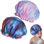 Qeuly Shower Cap for Kids, 2 Pack Kids Shower Caps Reusable Double Layer Waterproof Toddler Shower Cap, Elastic Band Kids Bonnets for Girls and Boys (Galaxy + Mermaid)