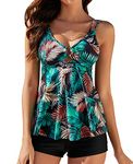 Genfien Women 2 Piece Tankini Swimsuits Double Shoulder Straps Printed Top with Boyshorts Swimwear Bathing Suit