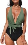 CUPSHE One Piece Swimsuit for Women Bathing Suit Sexy Deep V Neck Wrap Tie Cross Back, L Green/Black