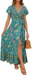 ZESICA Women's 2023 Bohemian Floral Printed Wrap V Neck Short Sleeve Split Beach Party Maxi Dress, Green, Small