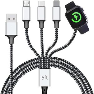 Multi Charging Cable for Apple Watch, Magnetic Wireless Charger, 4 in 1 Nylon Braided Cord for Multiple Devices, USB C/Micro Port/Compatible with iWatch Series 10-1/iPhone 16 15 14/iPad/Android - 6FT