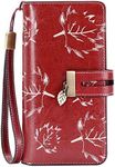 HUANLANG Large Womens Wallet Leather Vintage RFID Blocking Ladies Credit Card Clutch Wallets for Women with Wrist Strap (Leaf Wine Red)