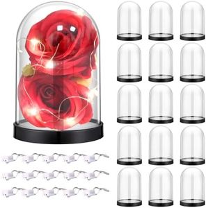 TANEMUDO 15 Pcs Plastic Dome Display Case with Black Base 5 x 3.3 Inch Clear Cloche Bell Jar with 15 LED Lights for Collectibles, Rose, Office, Home Tabletop Decor