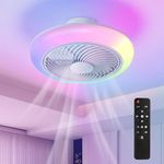 POWROL Ceiling Fan with Lights Flush Mount Low Profile Ceiling Fans with Remote RGB Stepless Dimming Light 3 Color 3 Wind Speed Enclosed 46CM Fan Light for Bedroom